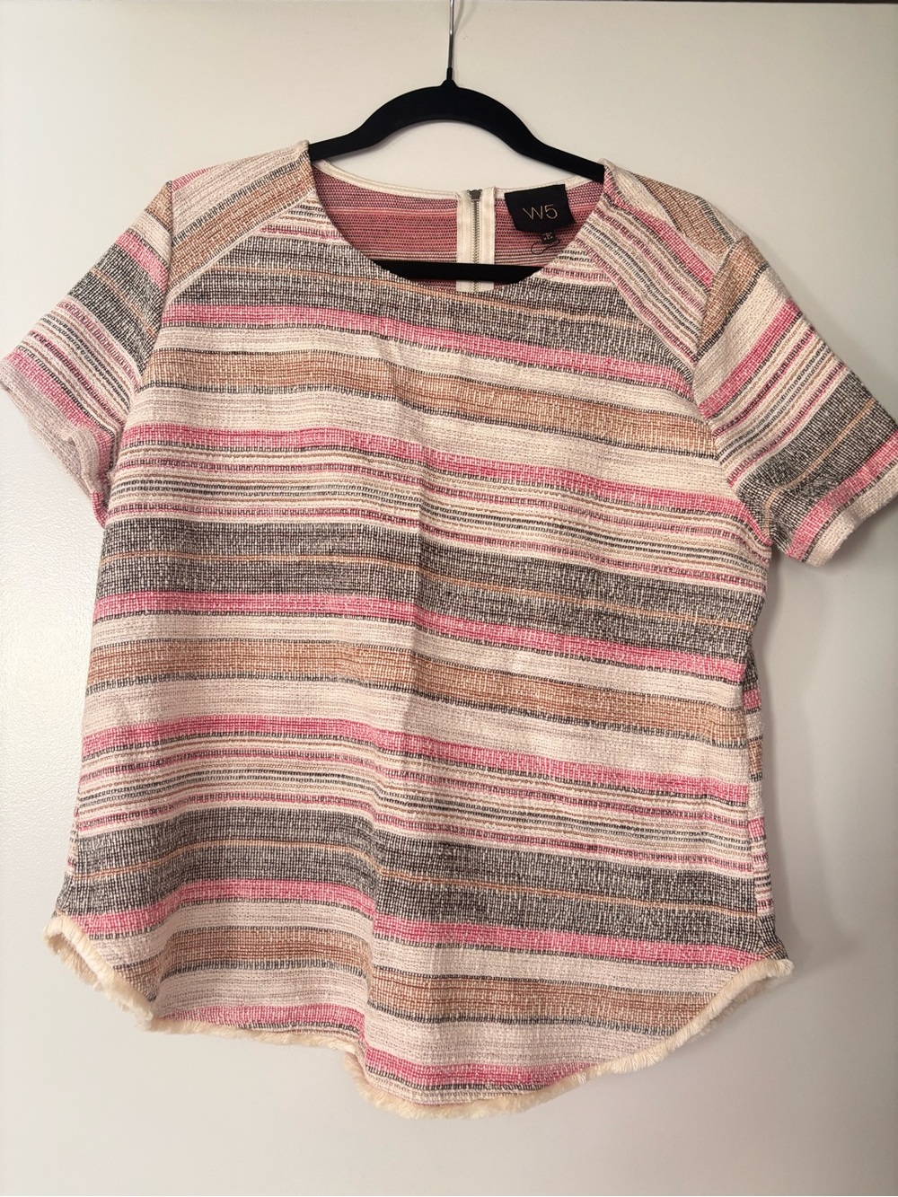 W5 Short-Sleeve Striped Textured Top in Pink, Cream, Tan and Gray